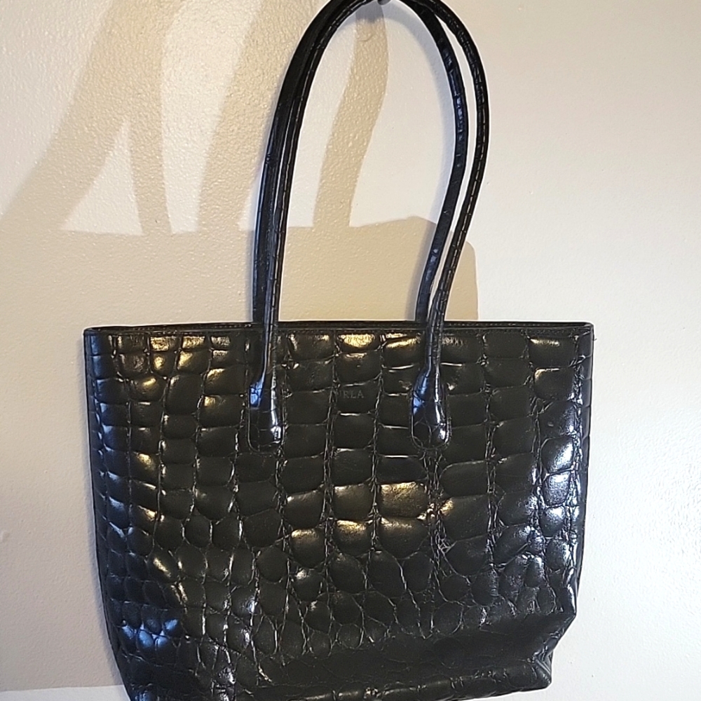 Furla Black Leather Tote Vintage Embossed Crocodile